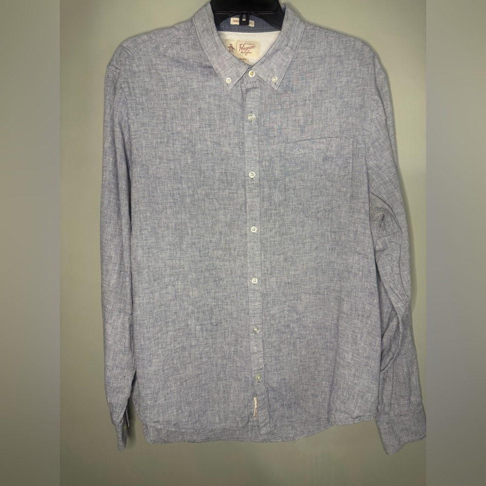 Penguin Men's XL Blue/White Casual Oxford Button-Down Shirt Heritage Slim Fit